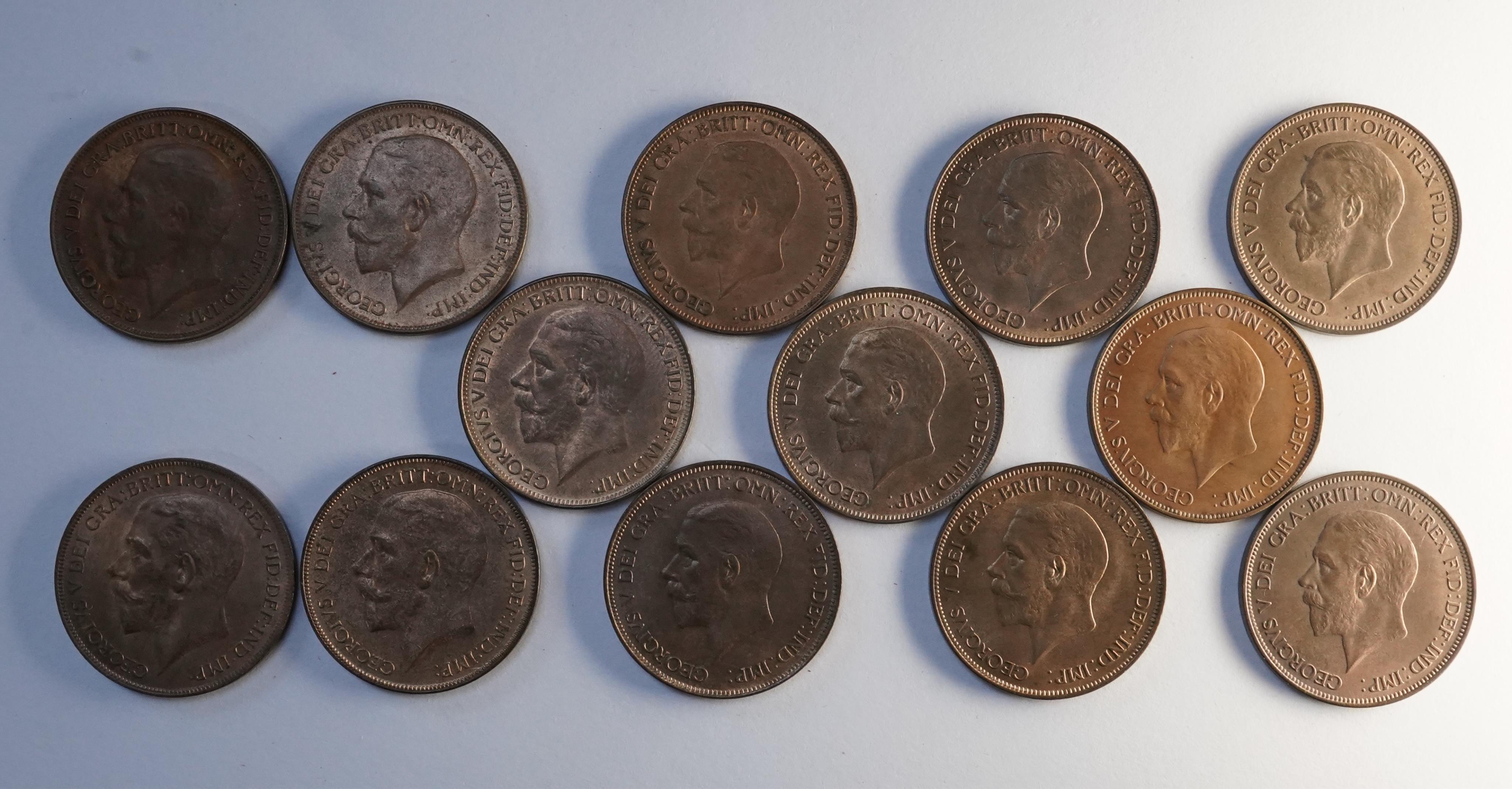 British coins, George V, a date set of thirteen bronze pennies; 1920-1936, excludes 1923, 1924, 1925, 1926 ‘modified head’ and 1933 pennies, good VF to UNC, the majority with lustre, 1934 with original brown toning